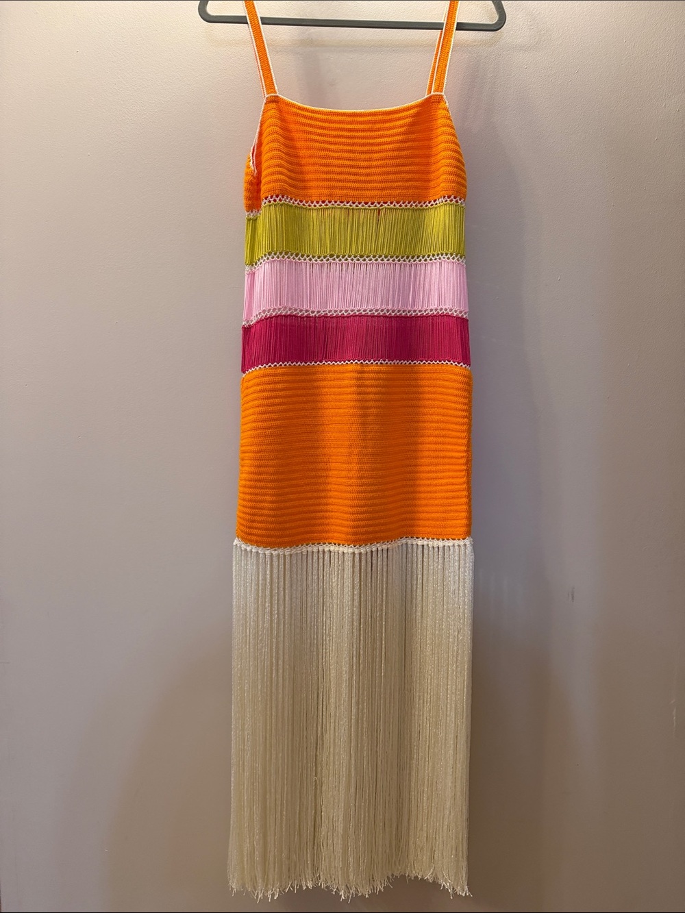 Striped Fringe Knit Maxi Dress in Orange, Pink & Cream